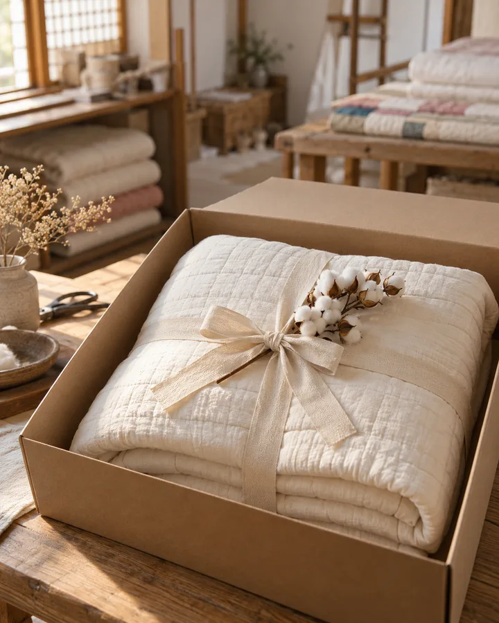 완성된 이불을 포장하여 전달하는 모습